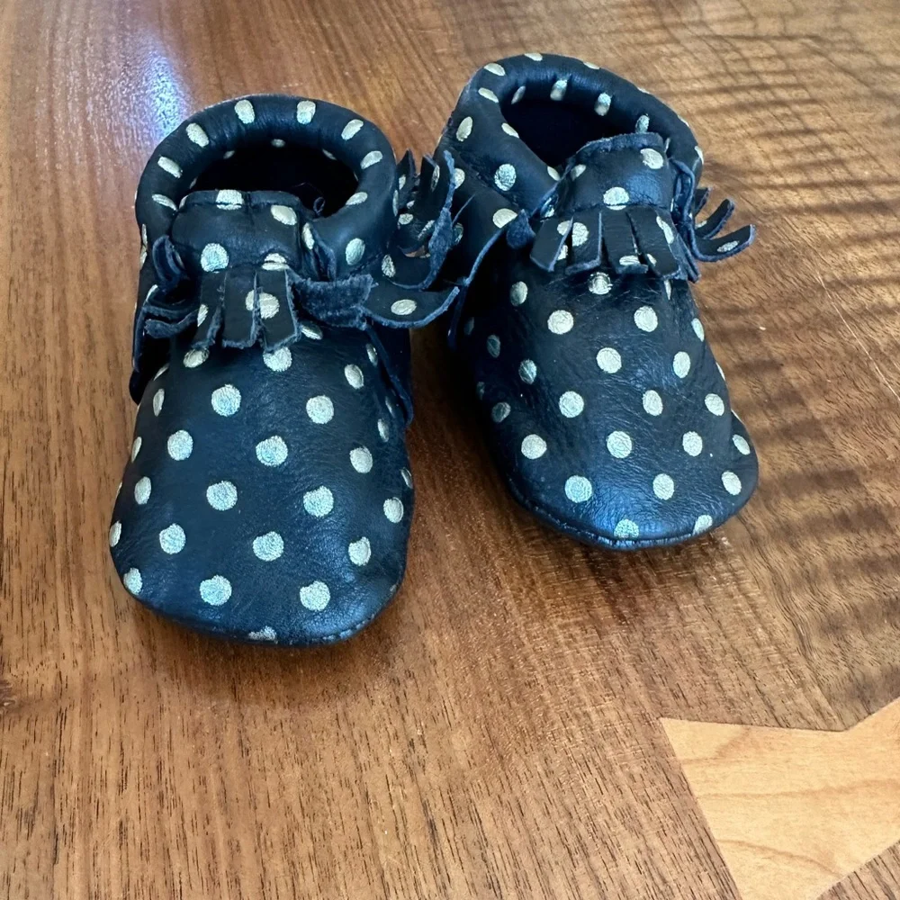 Freshly Picked Fringe Leather Moccasins Black Gold Polka Dots.